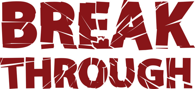 Break through slogan, vector crash typographic destroy alphabet, broken glass effect, red cracked uppercase letters