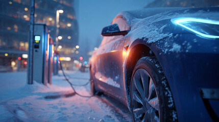 Electric car charging at snowy winter station during cold evening in modern city