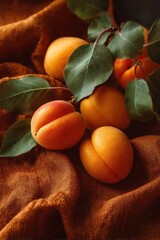 Ripe Apricots with Green Leaves on Textured Brown Fabric, Still Life Composition.