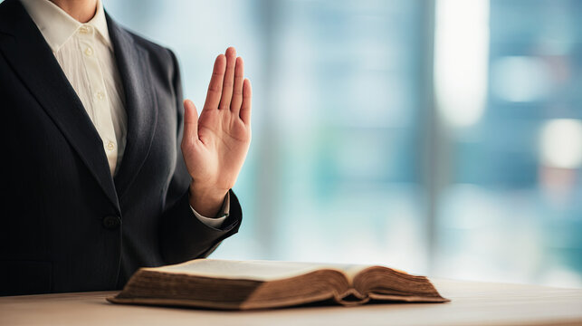 Person in suit raising hand while swearing on open book in front of blurred window backdrop scene