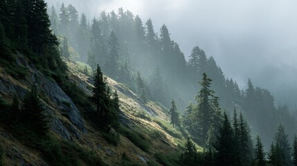 Hilly slope dense with evergreen trees, bathed in sunlight breaking through misty atmosphere. Dramatic landscape