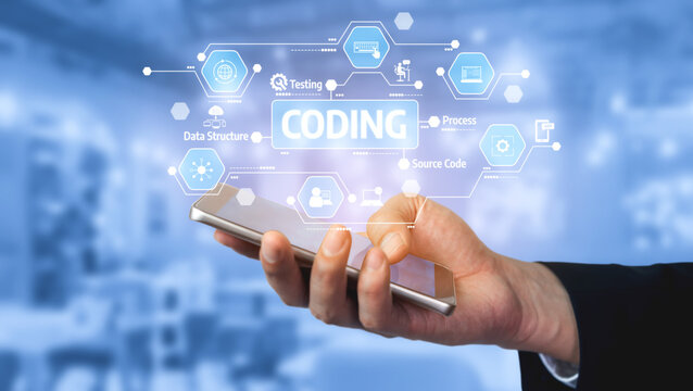 A hand holding a smartphone displays coding concepts with digital icons. This image represents software development, programming, and technological innovation. Tessel