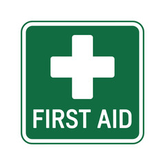 Obraz premium A green square sign displays a white cross and the words FIRST AID in white text.