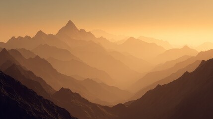 Hazy mountain ranges fade into the golden sunset. Varying levels of elevation create depth and contrast