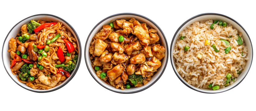Three bowls of asian food isolated on transparent background - Powered by Adobe
