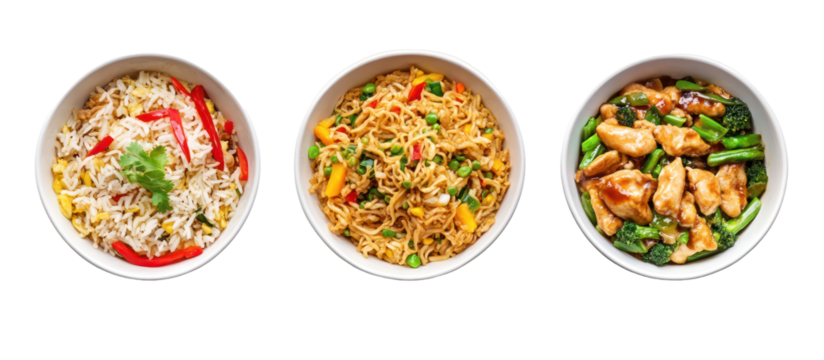 Three bowls side by side General Tso chicken flying over bowl on transparent background