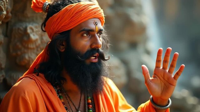 Sai Baba Indian God background. Portrait of an Indian sadhu in orange robes with traditional headgear and beaded jewelry, raising his hand in blessing near an ancient temple, symbolizing spirituality