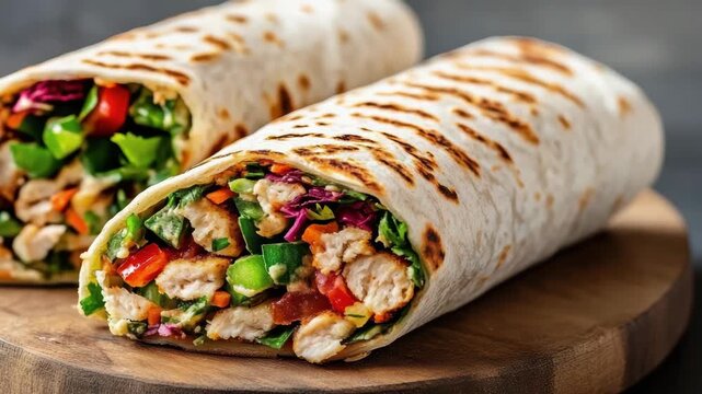 Grilled chicken wrap with tortilla, grilled bell pepper, vegetable and fresh herb filling