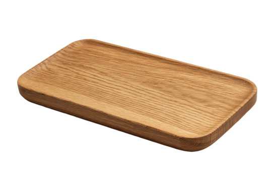 Simple wooden tray with rounded corners against a dark background