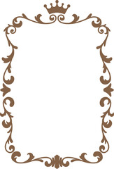 Brown vintage ornate frame, vector fancy decorative element, royal rectangle ornament border with crown, line floral art