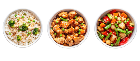 Three bowls side by side General Tso chicken flying over bowl on transparent background