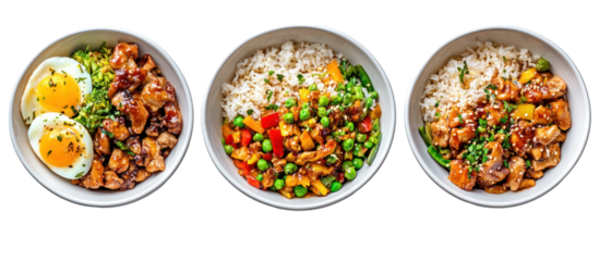 Three bowls side by side General Tso chicken flying over bowl on transparent background