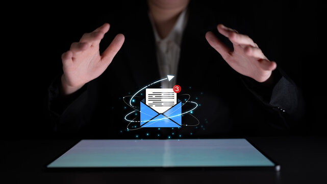 Concept of digital communication and correspondence. Receiving a new message or notification in an email inbox, representing online information exchange and alerts. Fermion