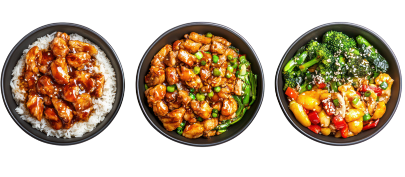 Three bowls side by side General Tso chicken flying over bowl on transparent background
