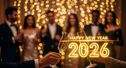 2026 Happy New Year Toast Celebration with Diverse Group of Friends Raising Champagne Glasses at an Elegant Festive Party Against a Bokeh Light Background with Glowing Neon Text Overlay