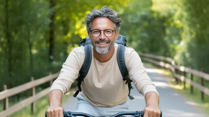 Smiling man cycling on wooded forest trail with backpack and glasses, joyful outdoor bicycle ride
