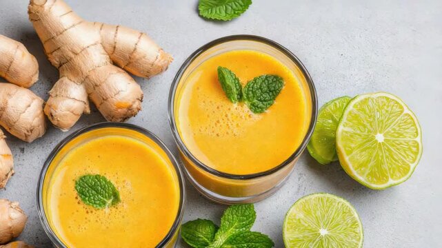 Golden turmeric ginger smoothie with lime, mint and citrus freshness for vibrant wellness