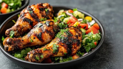 Grilled chicken drumstick herb parsley salad savory smoky charred vibrant flavor delight