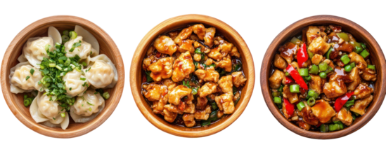Three bowls side by side kung pao chicken flying over bowl still motion on transparent background