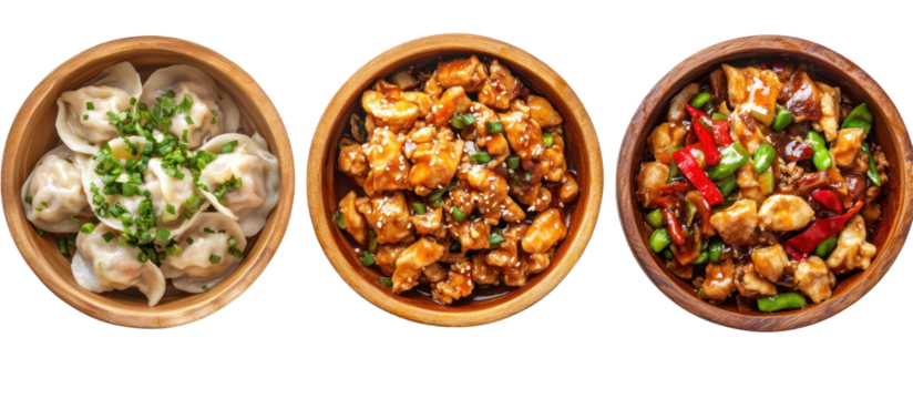 Three bowls side by side kung pao chicken flying over bowl still motion on transparent background