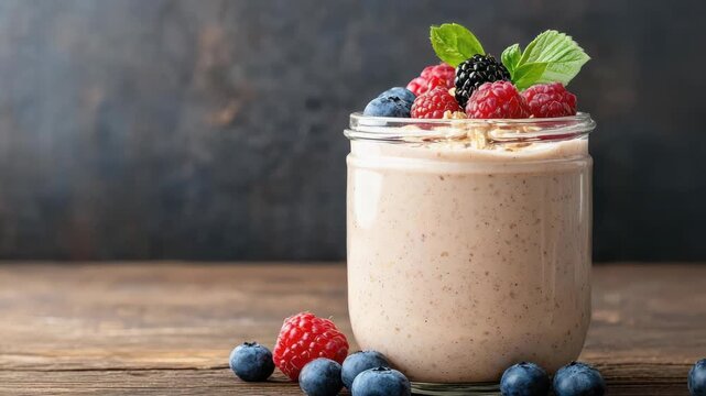 Creamy yogurt parfait with mixed berries, raspberry blueberry blackberry oats and fresh mint