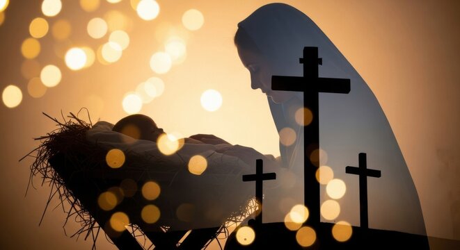 Double exposure of woman Mary with baby Jesus in manger and three crosses. Concept of the birth and sacrifice of Christ for Christianity.