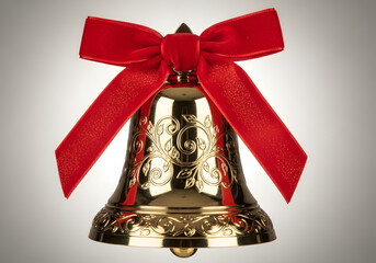 Gold ornate christmas bell with bright red bow on transparent background ideal for holiday decor
