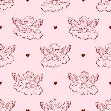 Valentine doodle cupid whimsical seamless pattern heart retro details. Designed for wedding or engagement stationery and cute bridal decor