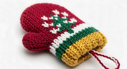 A charming handmade knitted red mitten ornament featuring a festive green Christmas tree design and colorful cuff, perfect for holiday decoration.
