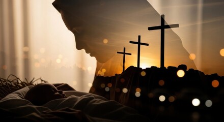 Double exposure image of a woman and baby with three crosses at sunset. Christian religious narrative for Christmas or Easter.