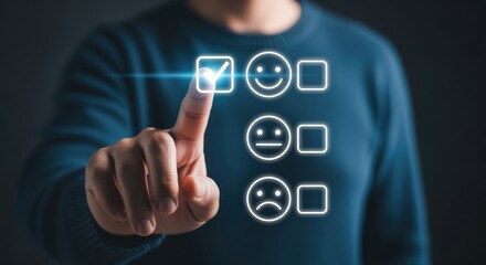 Person selecting positive rating on futuristic digital feedback interface for customer satisfaction and user experience evaluation.