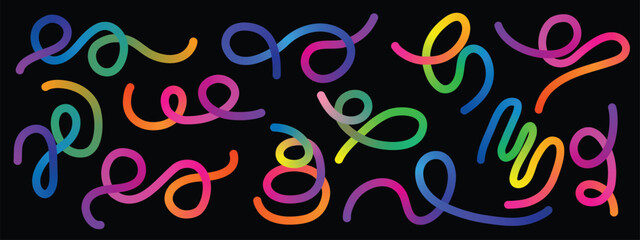 Abstract Color Gradient Lines Pattern. Organic Rainbow Wavy Ribbons. Set of Fun Kid Doodle Colour Gradation Lines