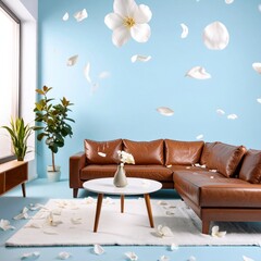 Modern Living Room with Brown Leather Sofa and Falling White Petals.