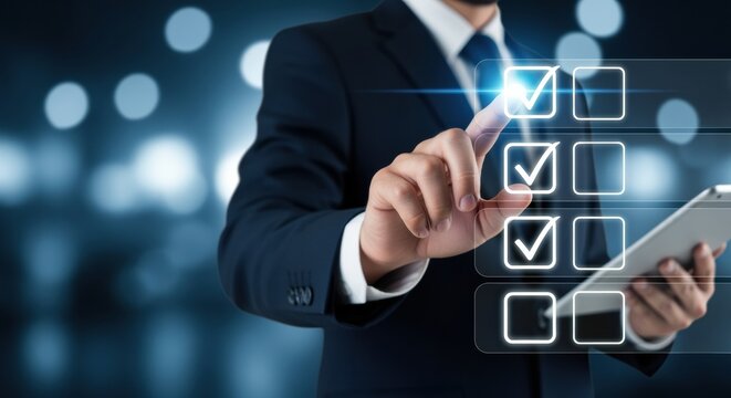 Businessman interacting with digital checklist interface while using a tablet on a futuristic technology background.