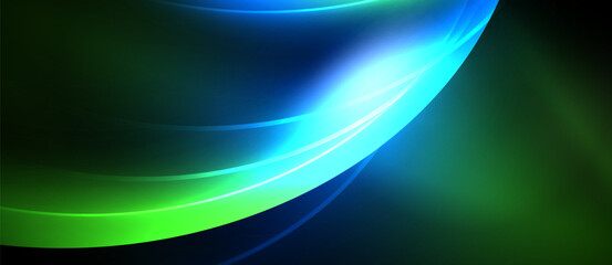Abstract design features flowing curves, vibrant green, blue hues. Bright light source creates dynamic visual effect. Smooth gradients dominate composition.