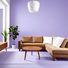 Modern living room with purple walls and a comfortable brown sectional sofa, featuring a minimalist design and natural light.