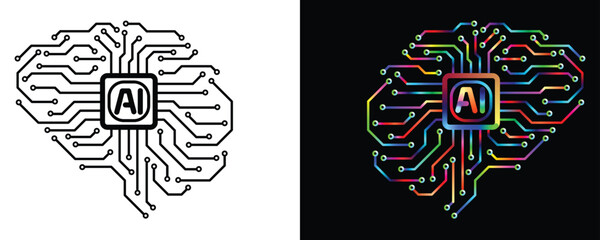 Futuristic AI brain circuit illustration, vibrant colors symbolizing innovation and technology, representing the power of artificial intelligence in modern design