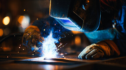 Welder with protective gear working on metal with bright sparks flying in a dark environment
