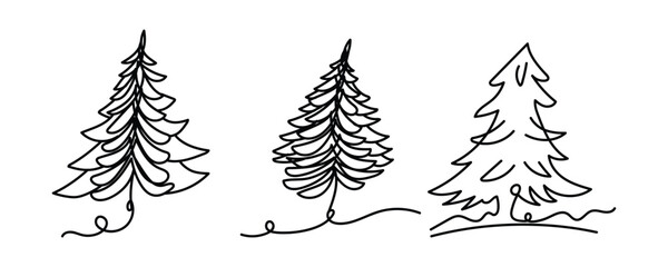 Shaded Pine Line Sketch, Detailed Winter Trees Set, Realistic Pencil Tree Art