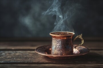 Aromatic Steam Swirls from an Ornate Copper Turkish Coffee Cup on a Rustic Table.
