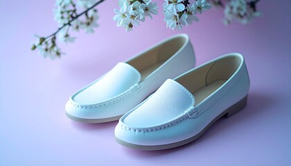 Pair of elegant white loafers with delicate cherry blossoms on a soft lavender background.