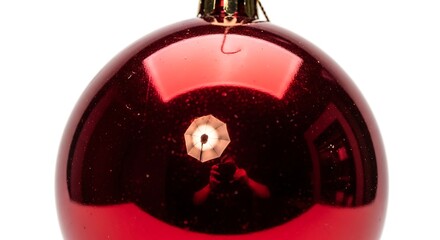 A vibrant, glossy red Christmas bauble reflects a distant light source, symbolizing festive joy and holiday cheer against a clean white background.
