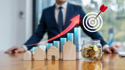 A professional business concept of real estate market growth with wooden houses, coins, bar chart, upward arrow, and businessman symbolizing financial success and investment profit.