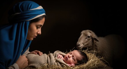 Woman mary looking at Jesus baby in manger. Nativity scene with newborn child. Christian Christmas holiday story.