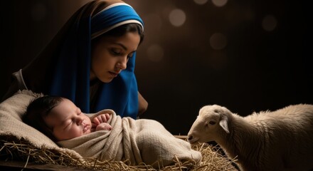 Woman Mary looking at newborn baby Jesus in manger with lamb. Nativity scene and Christmas story for religious holiday.