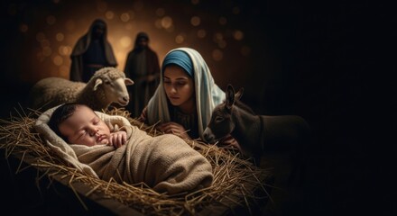 Baby Jesus sleeping in a manger with Mary, Joseph, and animals in a stable. Nativity scene with bokeh lights for Christmas.