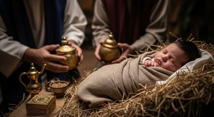 Sleeping baby Jesus in manger with three men holding gifts. Nativity scene with wise men. Christmas story and biblical illustration.