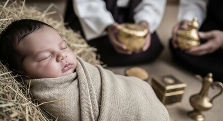 Baby wrapped in cloth sleeping in hay. Nativity scene with gold gifts. Representation of infant Jesus for Christmas and Christianity concept.