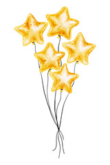 Watercolor bunch of gold star balloons floats isolated on a white background.
