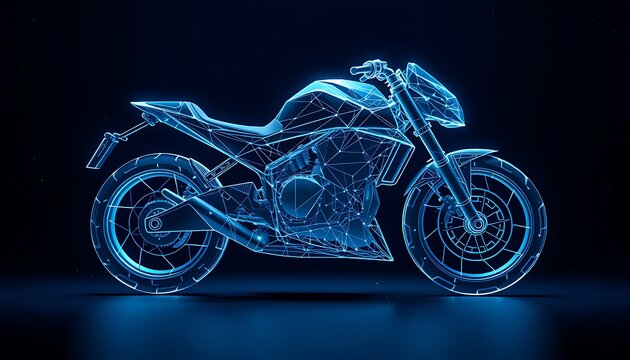 Blue wireframe motorcycle with glowing lines on dark background light